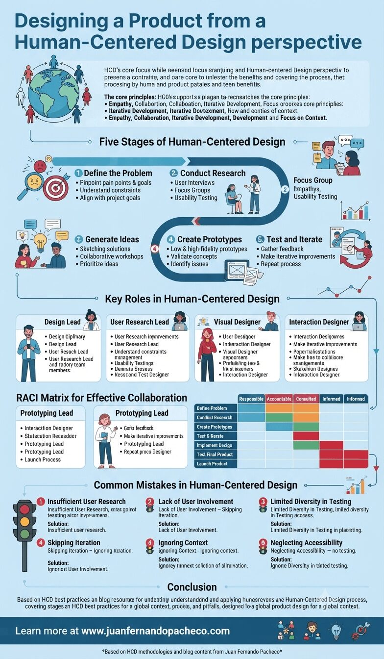 An infographic titled "Designing a Product from a Human-Centered Design perspective" detailing the methodology across five stages: Define, Research, Ideate, Prototype, and Test & Iterate. The image includes sections on core principles, key roles, a RACI matrix, common mistakes, and a conclusion, using a blue and teal color scheme with a footer for www.juanfernandopacheco.com.