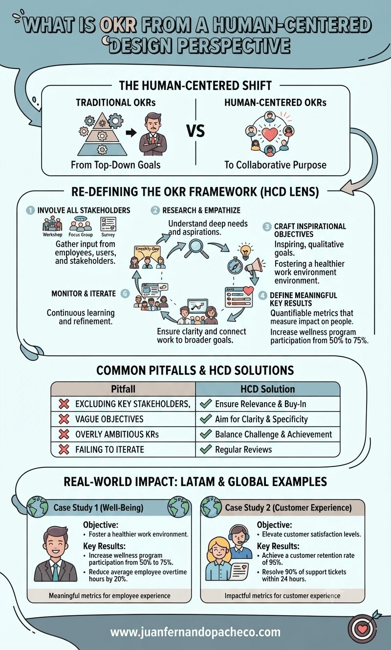 An infographic titled "What is OKR from a Human-Centered Design Perspective" illustrates a six-step framework for setting goals with empathy and collaboration. It compares traditional top-down goal setting with human-centered approaches, lists common pitfalls and solutions, and provides real-world examples for employee well-being and customer experience. The design uses a color palette of teal, cream, mauve, and grey. The footer includes the website www.juanfernandopacheco.com.