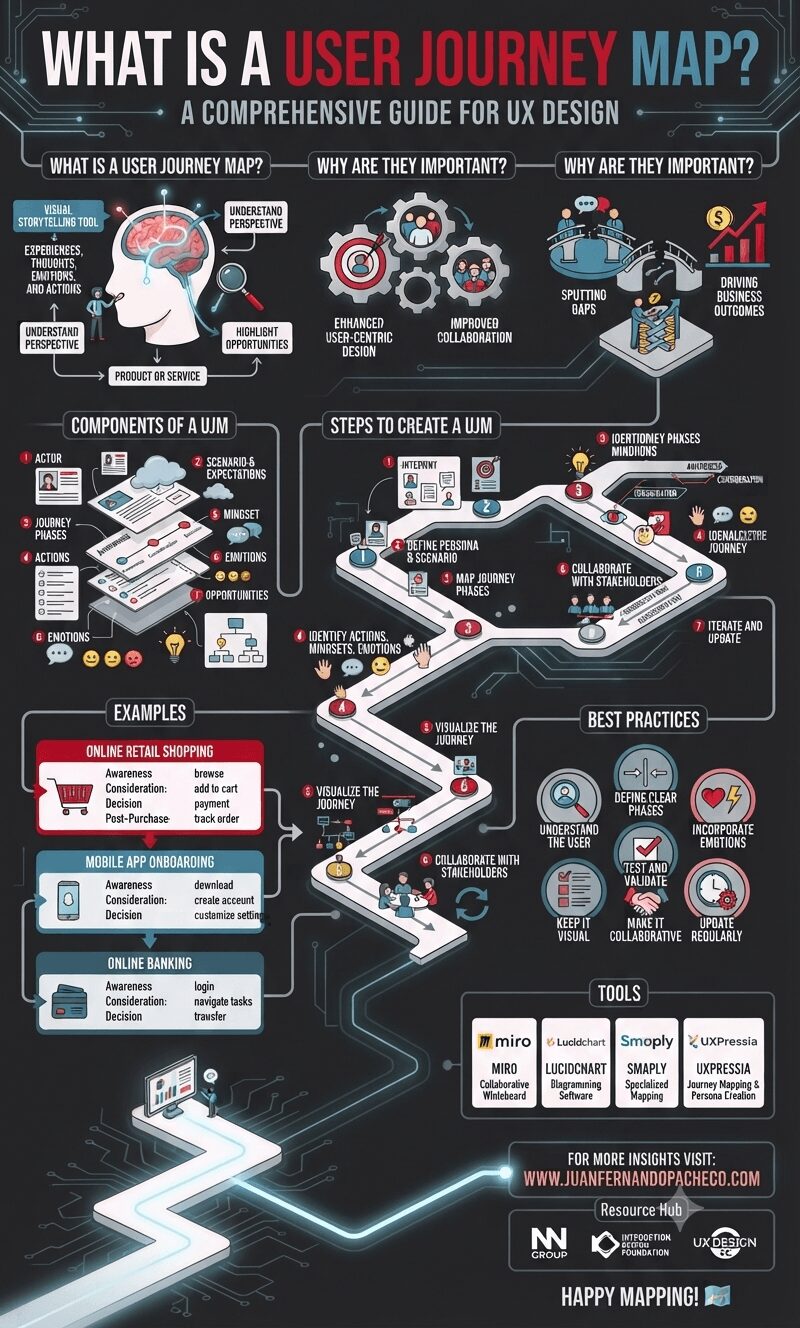 A detailed infographic titled "What is a User Journey Map?" set against a dark background with a glowing, circuit-like path. The infographic is structured in vertical sections, starting with the definition and importance of User Journey Maps. It then details the core components (Actor, Scenario, Phases, Actions, Mindset, Emotions, Opportunities, Visualization) and outlines a 7-step creation process. Following this, it provides three distinct examples (Online Retail Shopping, Mobile App Onboarding, Online Banking) and lists best practices and popular tools (Miro, Lucidchart, Smaply, UXPressia). The bottom section includes the URL "WWW.JUANFERNANDOPACHECO.COM" and resource logos.