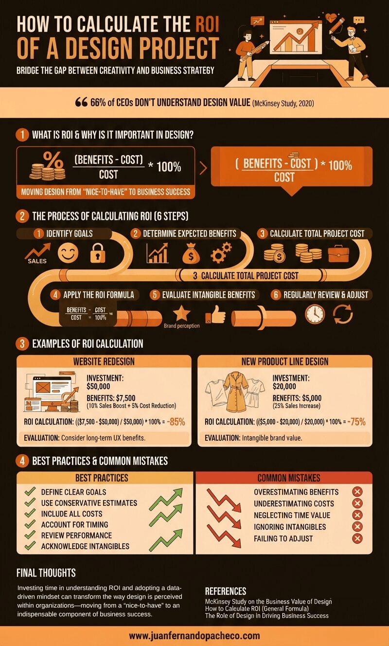 An infographic titled "How to Calculate the ROI of a Design Project" using a dark brown, orange, and gold color palette. It includes the ROI formula, a six-step process, two detailed examples (Website Redesign and New Product Line Design), Best Practices, and Common Mistakes. The footer includes the URL www.juanfernandopacheco.com.