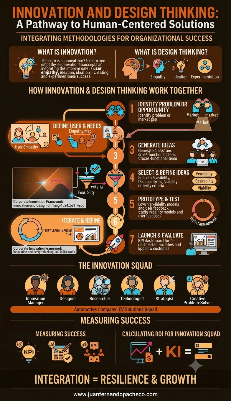 An infographic titled 'Innovation and Design Thinking: A Pathway to Human-Centered Solutions' is presented on a dark background. It features a central vertical workflow divided into seven main steps: 1) Identify Problem or Opportunity, 2) Define User and Their Needs, 3) Generate Ideas, 4) Select and Refine Ideas, 5) Prototype and Test, 6) Iterate and Refine, and 7) Launch and Evaluate. Before the workflow, the concepts of Innovation and Design Thinking are defined using icons and text. The infographic includes a 'Corporate Innovation Framework' box, a 'The Innovation Squad' section showing six diverse team roles (Manager, Designer, Researcher, Technologist, Strategist, Creative Problem-Solver) with an automotive example, and a 'Measuring Success' section with KPIs and ROI calculation. The footer contains the text 'INTEGRATION = RESILIENCE & GROWTH' and the URL www.juanfernandopacheco.com.