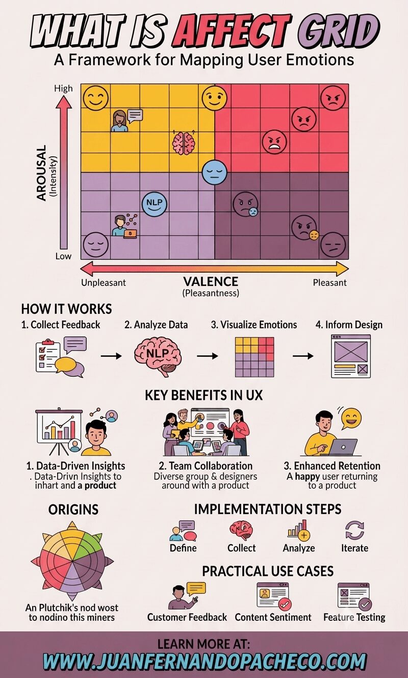 An infographic titled "What Is Affect Grid" featuring a large 5x5 emotion grid with faces and icons plotting Arousal (Intensity) versus Valence (Pleasantness). The image includes a "How It Works" flowchart, "Key Benefits in UX" illustrations, "Origins" and "Implementation Steps," and "Practical Use Cases," ending with the URL "WWW.JUANFERNANDOPACHECO.COM."