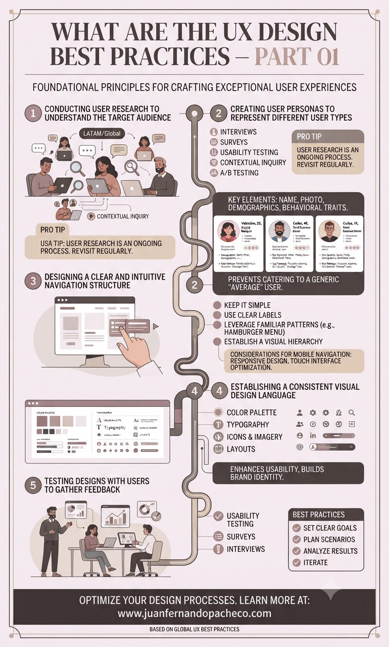 A detailed vertical infographic titled 'WHAT ARE THE UX DESIGN BEST PRACTICES – PART 01' organized into five numbered sections connected by a winding path. Section 1: Conducting User Research (methods like interviews and surveys). Section 2: Creating User Personas (illustrated profiles of specific users). Section 3: Designing Clear Navigation (examples of intuitive menus and hierarchy). Section 4: Establishing a Consistent Visual Language (style guides, color palettes, and typography). Section 5: Testing Designs with Users (usability testing and gathering feedback). The footer includes the URL 'www.juanfernandopacheco.com' and states 'BASED ON GLOBAL UX BEST PRACTICES'.
