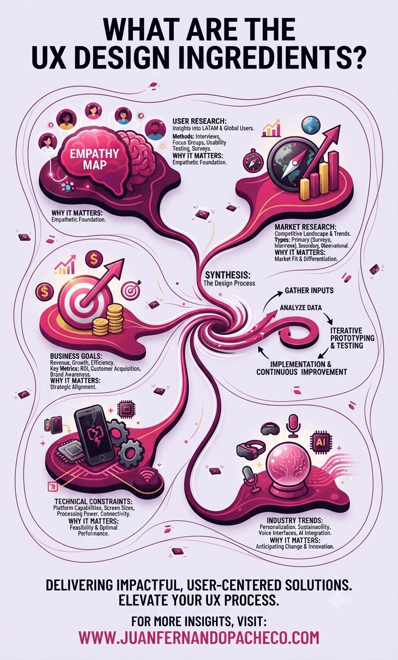 An illustrative infographic titled "WHAT ARE THE UX DESIGN INGREDIENTS?" displayed against a light purple background. It features five distinct, interconnected sections—User Research, Market Research, Business Goals, Technical Constraints, and Industry Trends—represented by 3D icons like a brain, compass, target, broken phone, and crystal ball. These sections flow into a central spiral labeled "Synthesis: The Design Process." Below the diagram, the text reads: "DELIVERING IMPACTFUL, USER-CENTERED SOLUTIONS. ELEVATE YOUR UX PROCESS." followed by the website "WWW.JUANFERNANDOPACHECO.COM".