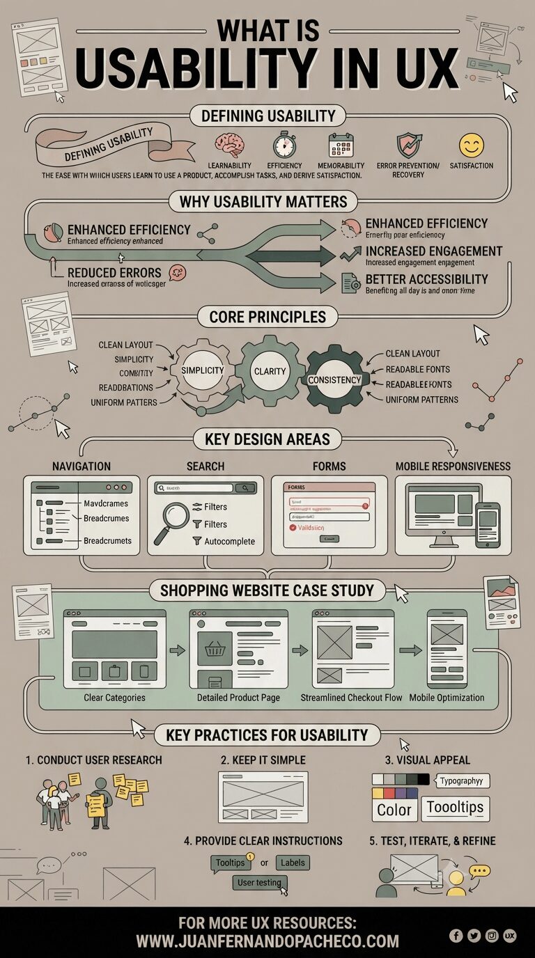A detailed vertical infographic titled "WHAT IS USABILITY IN UX" illustrating the definition, importance, principles, key areas, and best practices of usability. It uses a muted color palette of beige, green, and dark gray against a light background, featuring icons, wireframes, and a shopping website case study.