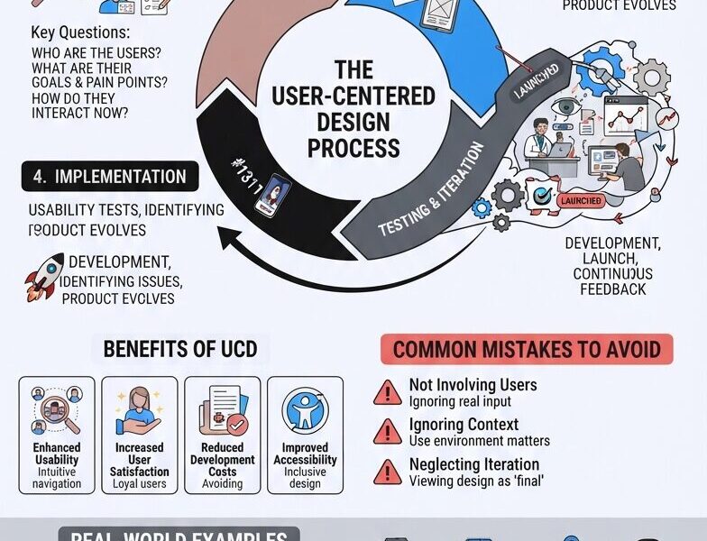 A comprehensive vertical infographic titled "WHAT IS USER-CENTERED DESIGN? (UCD)" detailing the philosophy, four-stage iterative process (User Research, Ideation & Prototyping, Testing & Iteration, Implementation), benefits, common mistakes, real-world examples, and tips for success. The design uses illustrations, icons, and a specific color palette on a light background, with a footer featuring the URL www.juanfernandopacheco.com and the phrase "UCD IS A MINDSET OF EMPATHY & UNDERSTANDING."