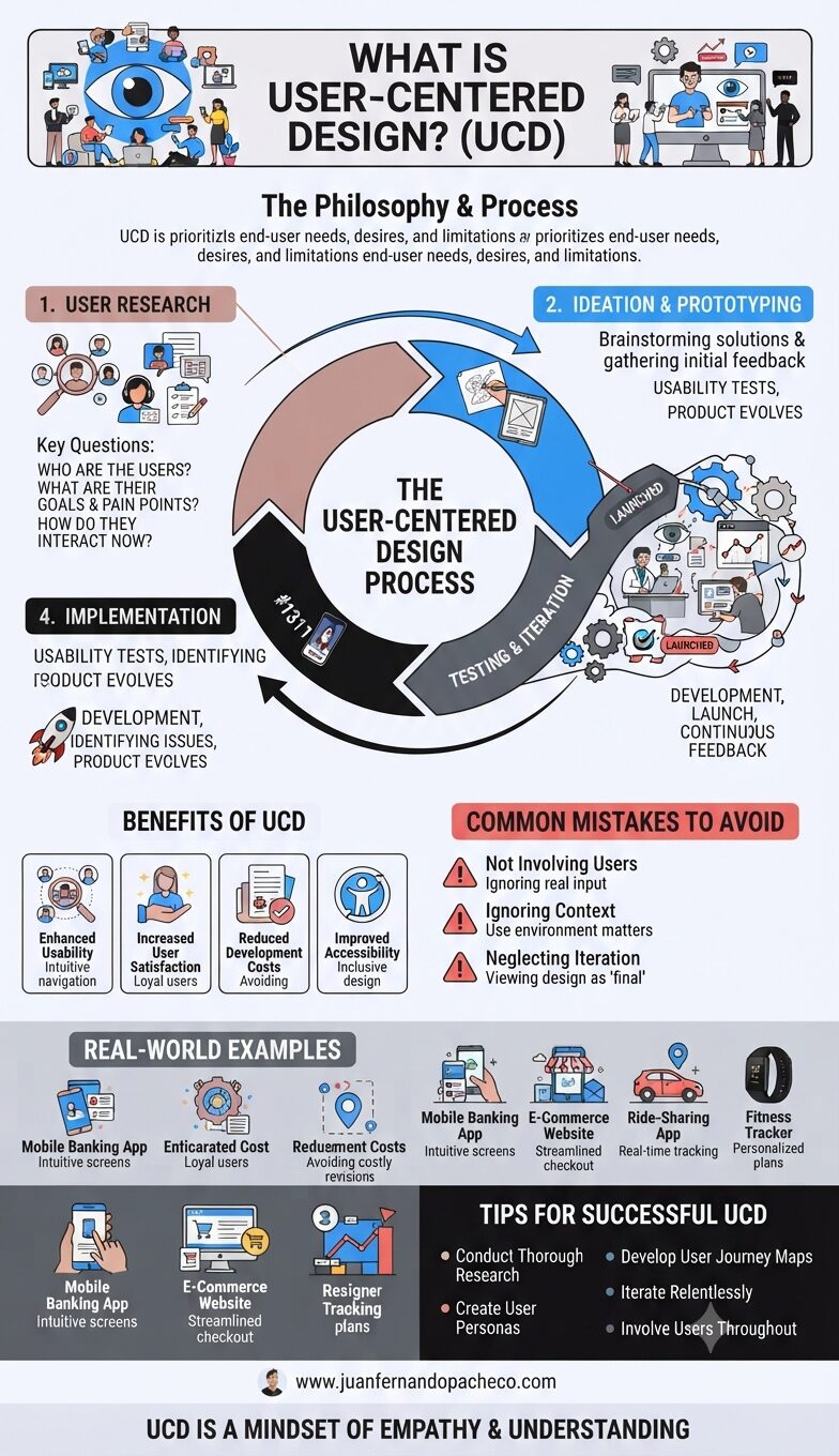 A comprehensive vertical infographic titled "WHAT IS USER-CENTERED DESIGN? (UCD)" detailing the philosophy, four-stage iterative process (User Research, Ideation & Prototyping, Testing & Iteration, Implementation), benefits, common mistakes, real-world examples, and tips for success. The design uses illustrations, icons, and a specific color palette on a light background, with a footer featuring the URL www.juanfernandopacheco.com and the phrase "UCD IS A MINDSET OF EMPATHY & UNDERSTANDING."