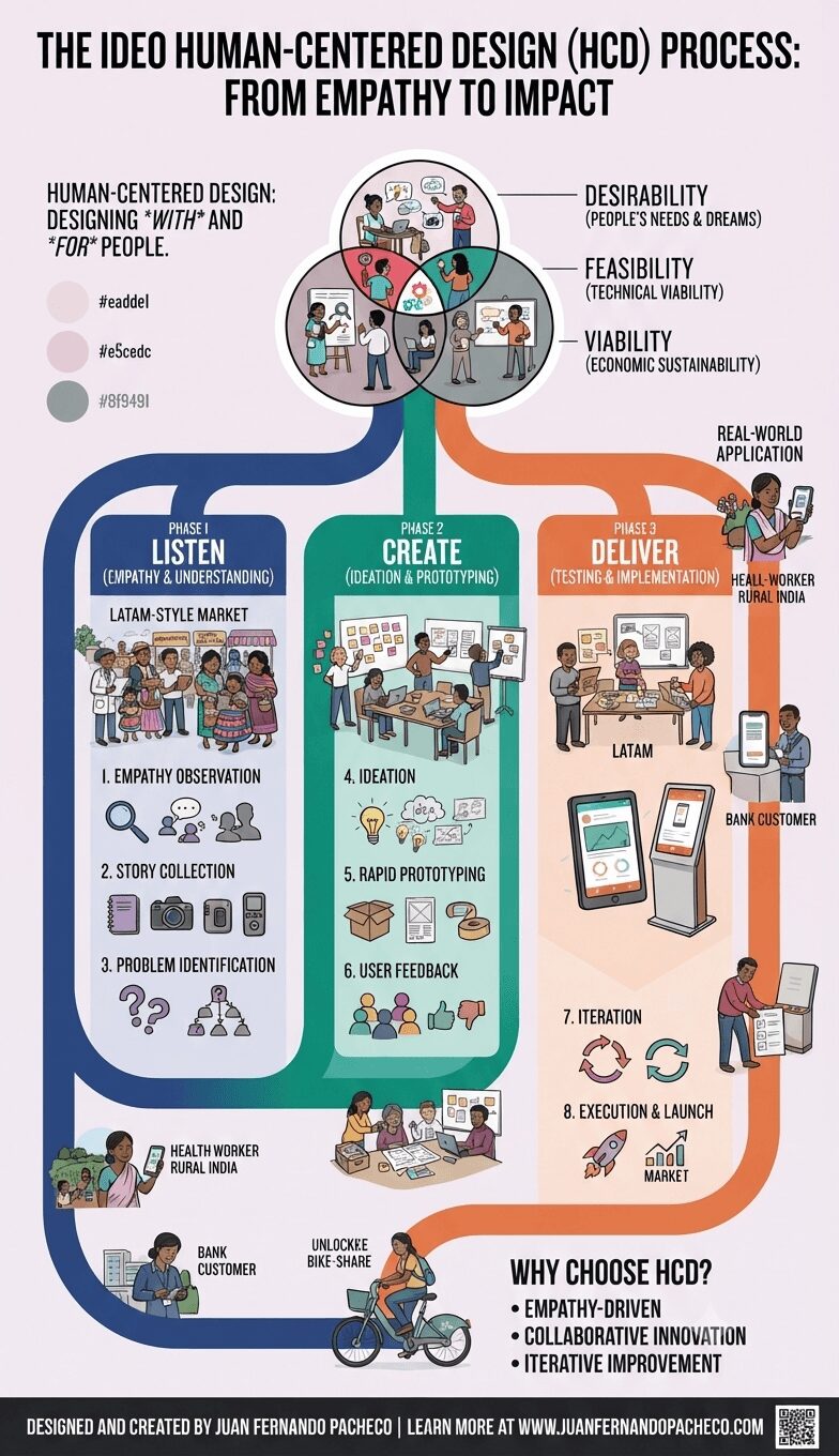 An intricate vertical infographic illustrating the IDEO Human-Centered Design (HCD) process. The infographic begins with a central Venn diagram (from image_0.png) titled "HUMAN-CENTERED DESIGN," showing "DESIRABILITY," "FEASIBILITY," and "VIABILITY." A winding path then flows into three main color-coded phases: "PHASE 1: LISTEN," "PHASE 2: CREATE," and "PHASE 3: DELIVER." Each phase details steps with icons and illustrations, such as a LATAM-style market for empathy, a workshop for prototyping, and a rocket launch for execution. Real-world application examples are placed along the path. The infographic concludes with a "WHY CHOOSE HCD?" section and a footer credit "DESIGNED AND CREATED BY JUAN FERNANDO PACHECO | LEARN MORE AT WWW.JUANFERNANDOPACHECO.COM."