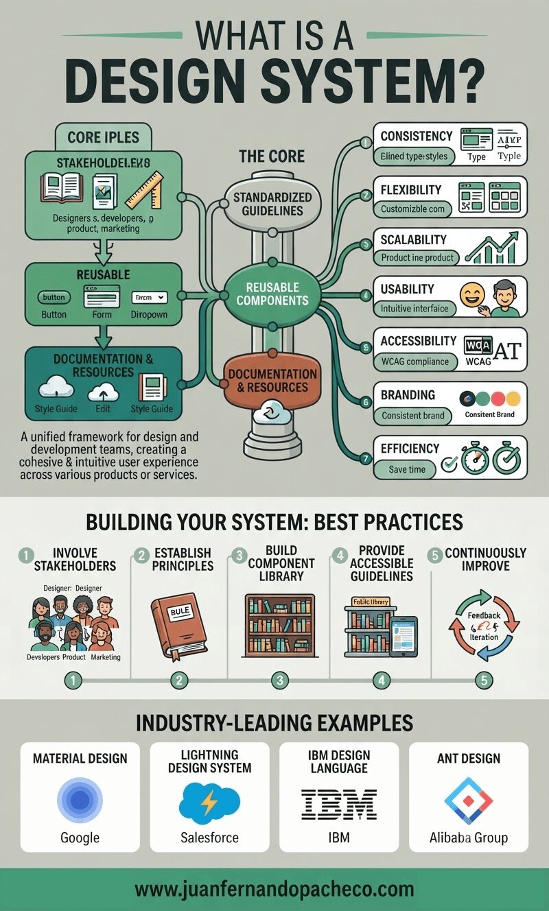 A detailed vertical infographic titled "WHAT IS A DESIGN SYSTEM?" presented on a sage-green background with a custom color palette. The image is organized into three main sections: "THE CORE," "BUILDING YOUR SYSTEM: BEST PRACTICES," and "INDUSTRY-LEADING EXAMPLES."