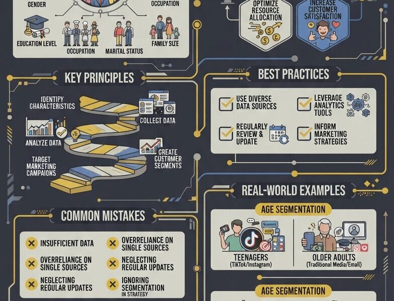 An infographic titled "What is Demographic Segmentation," designed with a dark background and yellow/blue accents. The chart visually explains the concept of dividing an audience based on shared characteristics like age, gender, and income. It covers key principles, importance, best practices, common mistakes, real-world examples (such as luxury vs. affordable cars and TikTok vs. traditional media), and future trends like AI analytics. The footer includes the URL www.juanfernandopacheco.com.