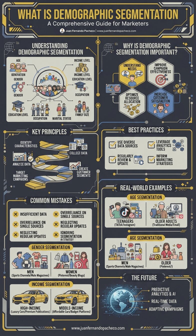 An infographic titled "What is Demographic Segmentation," designed with a dark background and yellow/blue accents. The chart visually explains the concept of dividing an audience based on shared characteristics like age, gender, and income. It covers key principles, importance, best practices, common mistakes, real-world examples (such as luxury vs. affordable cars and TikTok vs. traditional media), and future trends like AI analytics. The footer includes the URL www.juanfernandopacheco.com.