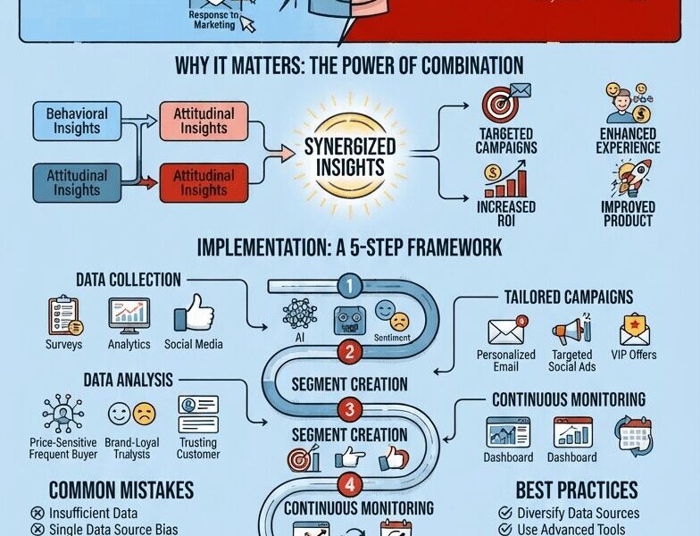 An infographic titled 'What is Behavioral and Attitudinal Segmentation?' illustrating a comprehensive marketing framework. It defines behavioral segmentation (the 'What') and attitudinal segmentation (the 'Why'), shows their combined power for 'Synergized Insights,' outlines a five-step implementation framework, details common mistakes and best practices, and provides global industry examples for retail, financial services, and healthcare. The infographic concludes with a call-to-action for WWW.JUANFERNANDOPACHECO.COM.