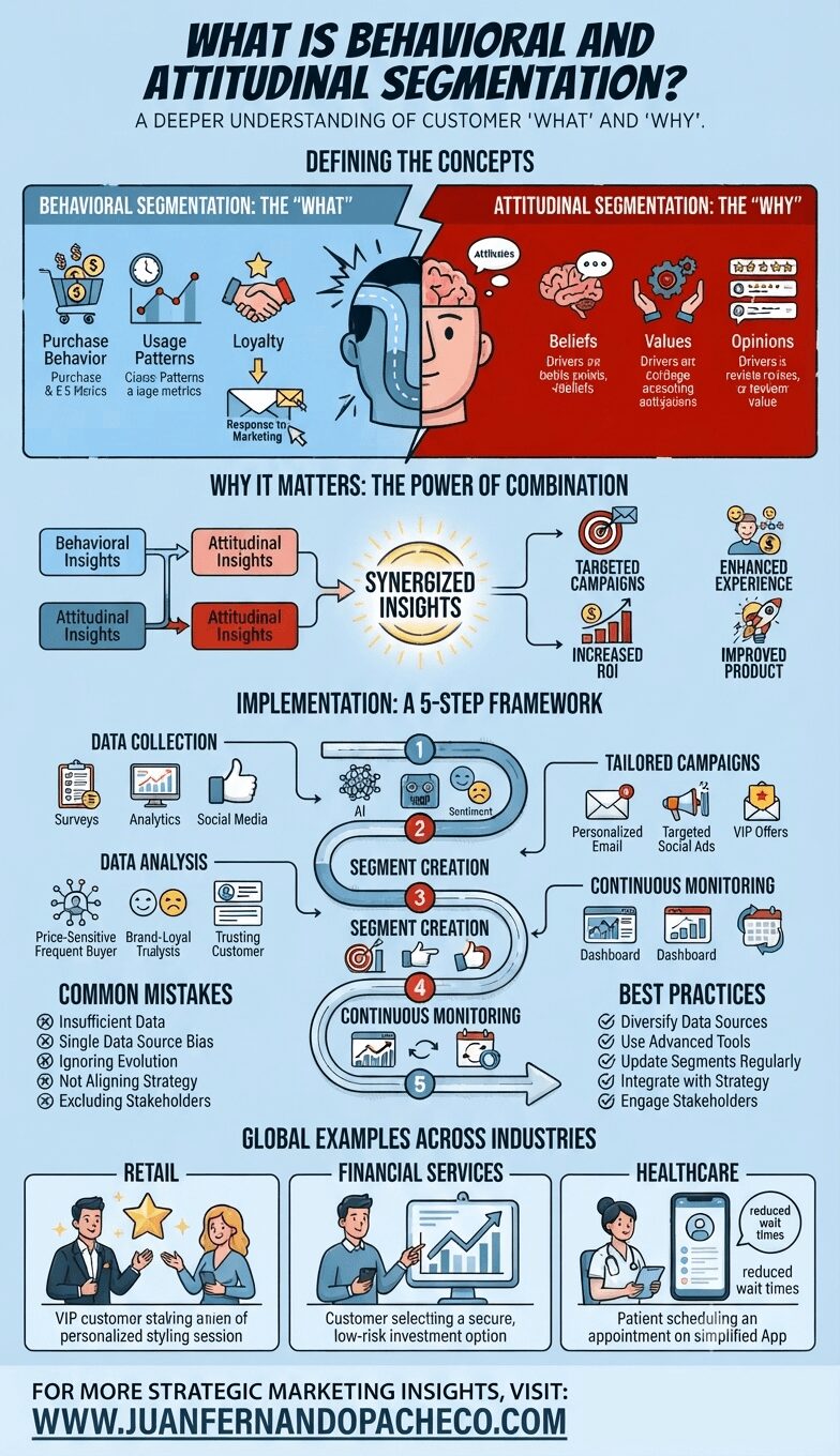 An infographic titled 'What is Behavioral and Attitudinal Segmentation?' illustrating a comprehensive marketing framework. It defines behavioral segmentation (the 'What') and attitudinal segmentation (the 'Why'), shows their combined power for 'Synergized Insights,' outlines a five-step implementation framework, details common mistakes and best practices, and provides global industry examples for retail, financial services, and healthcare. The infographic concludes with a call-to-action for WWW.JUANFERNANDOPACHECO.COM.