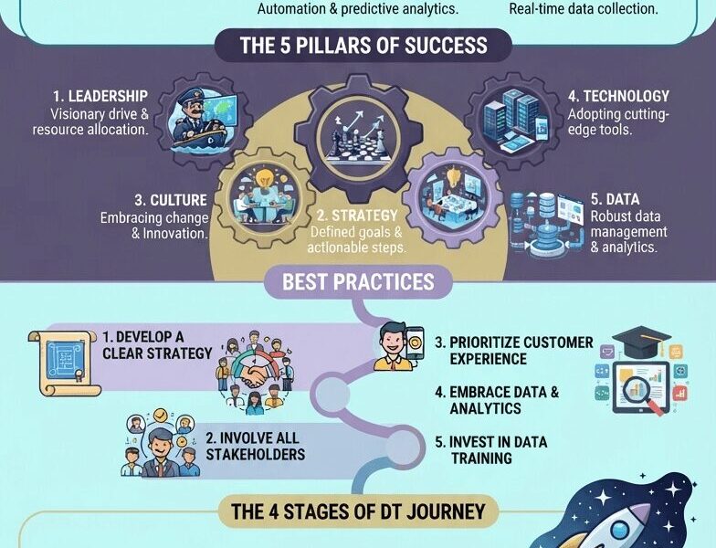 A detailed infographic illustrating the journey of digital transformation across a vertical, flowing timeline, featuring sections on core technologies, foundational pillars, best practices, and the four key stages, with illustrative icons and the URL www.juanfernandopacheco.com at the base.