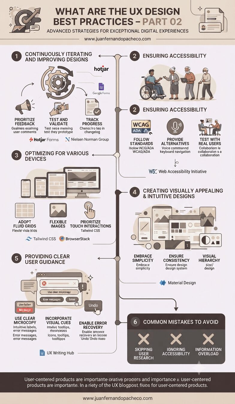 An infographic titled "WHAT ARE THE UX DESIGN BEST PRACTICES – PART 02" from www.juanfernandopacheco.com, presented in a vertical timeline format against a muted, professional background. It details six strategic steps: 1. Iterating based on feedback (with Hotjar and Nielsen Norman Group resources); 2. Ensuring accessibility (following WCAG/ADA standards and including a diverse group of users); 3. Optimizing for various devices (using fluid grids and tools like Tailwind CSS and BrowserStack); 4. Creating visually appealing designs (referencing Material Design and visual hierarchy); 5. Providing clear guidance (including microcopy and error recovery); and 6. Avoiding common mistakes (skipping research, ignoring accessibility, and information overload).