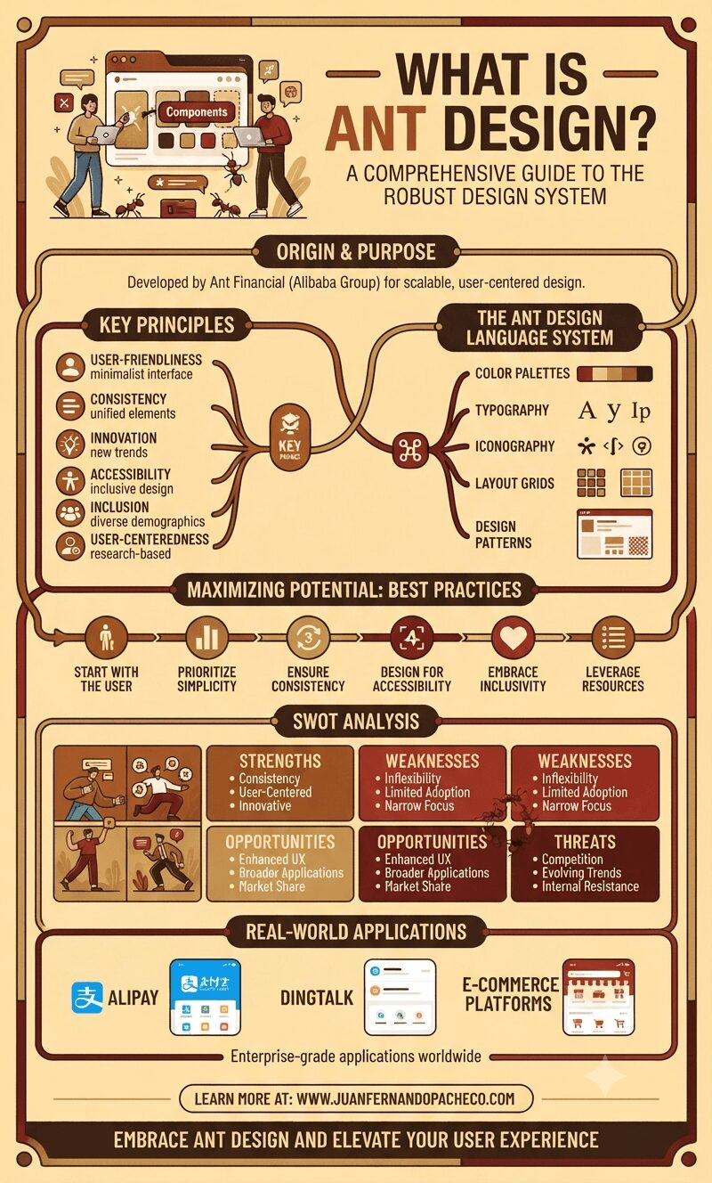 An infographic titled "What is Ant Design?" presented in a warm, vintage-inspired color palette of creams and browns. The infographic uses a flow-chart and diagram style to explain the design system, starting with its origin from Ant Financial. It covers Key Principles, The Ant Design Language System, Best Practices, a SWOT Analysis with illustrated sections, Real-World Applications like Alipay and DingTalk, and concludes with links to learn more at juanfernandopacheco.com.