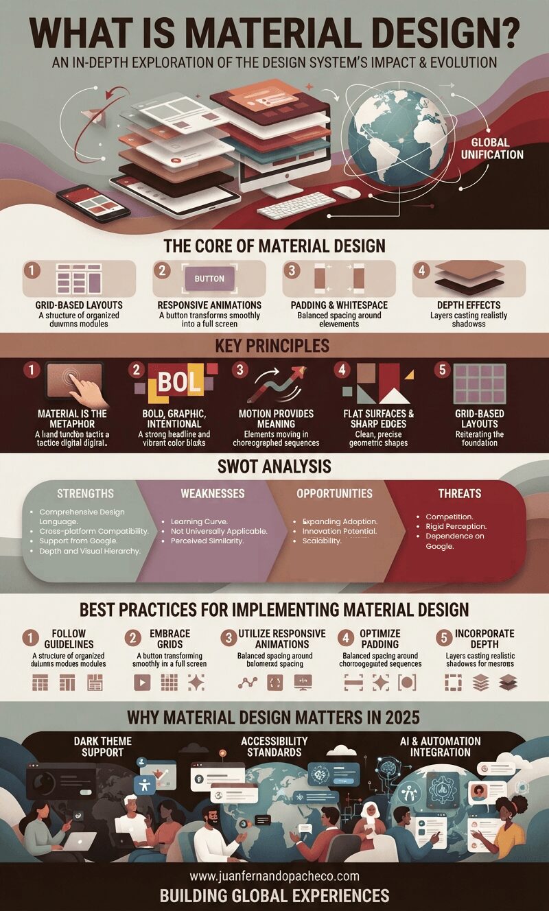A comprehensive vertical infographic titled "WHAT IS MATERIAL DESIGN?" composed of stacked, layered digital devices and a globe. It breaks down the design system into sections: Core Principles (Grid, Animation, Padding, Depth), Key Principles (Metaphor, Bold Design, Motion, Flat Surfaces, Grid), a SWOT Analysis (Strengths, Weaknesses, Opportunities, Threats), Best Practices (Guidelines, Grids, Animation, Padding, Depth), and future relevance in 2025 (Dark Theme, Accessibility, AI Integration). The footer includes the URL www.juanfernandopacheco.com and the tagline "BUILDING GLOBAL EXPERIENCES."