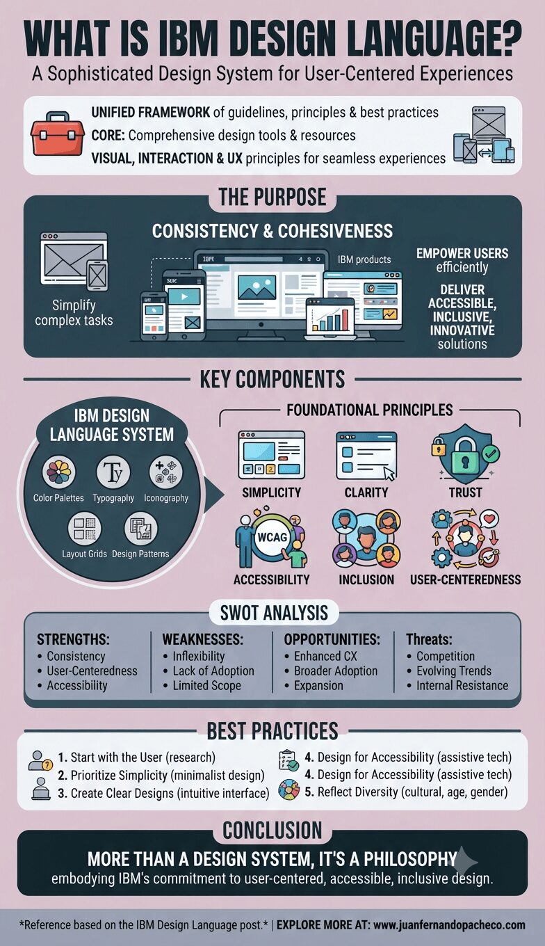 Infographic titled "WHAT IS IBM DESIGN LANGUAGE?" summarizing the design system's purpose, key components (system and principles), SWOT analysis, best practices, and conclusion.