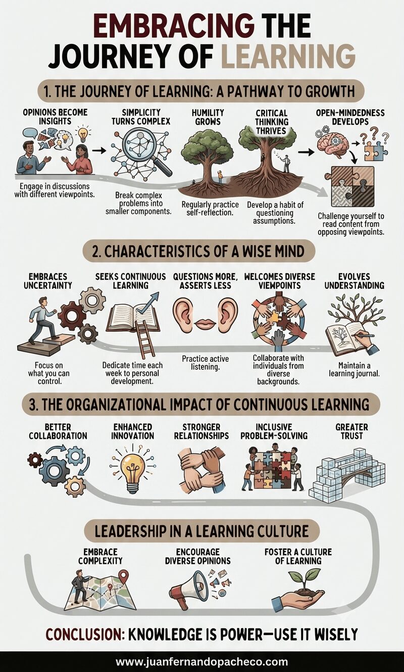 An infographic titled "Embracing the Journey of Learning" organized into three main sections with illustrative icons and text: "The Journey of Learning: A Pathway to Growth" (Opinions Become Insights, Simplicity Turns Complex, Humility Grows, Critical Thinking Thrives, Open-Mindedness Develops), "Characteristics of a Wise Mind" (Embraces Uncertainty, Seeks Continuous Learning, Questions More, Asserts Less, Welcomes Diverse Viewpoints, Evolves Understanding), and "The Organizational Impact of Continuous Learning" (Better Collaboration, Enhanced Innovation, Stronger Relationships, Inclusive Problem-Solving, Greater Trust, Leadership in a Culture of Learning). It concludes with "Conclusion: Knowledge Is Power—Use It Wisely" and the website URL.