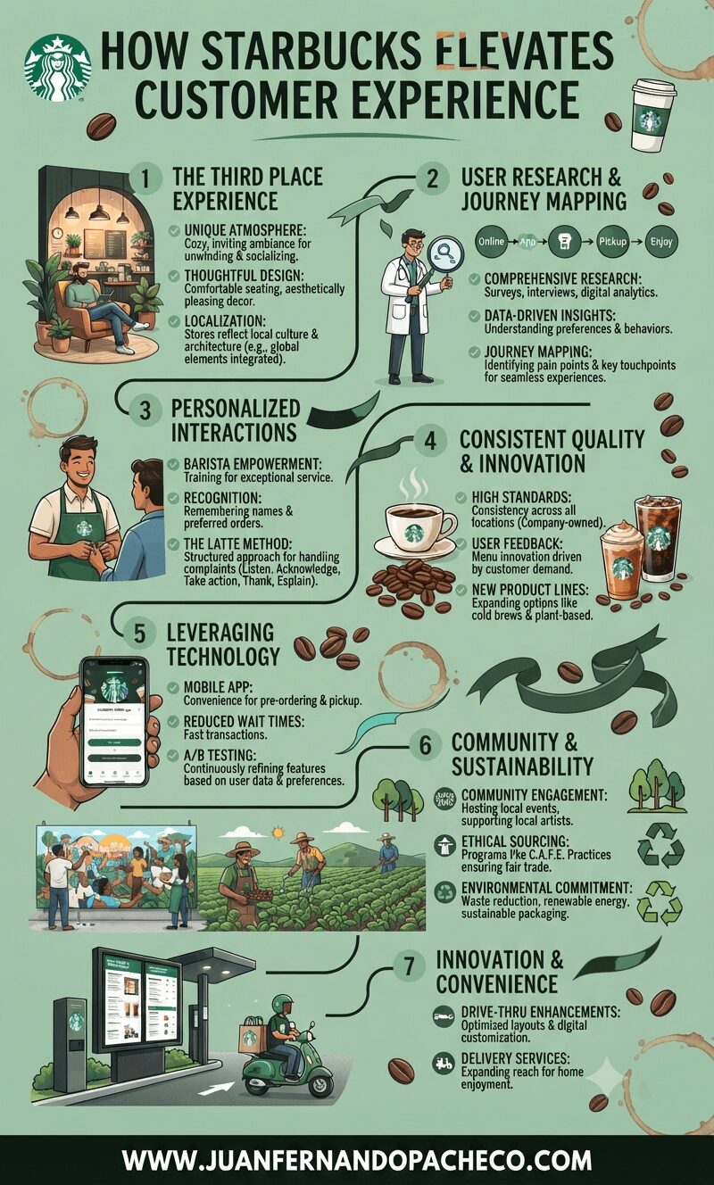 An infographic illustrating the seven key strategies Starbucks uses to elevate customer experience, arranged in a vertical, numbered flowchart.