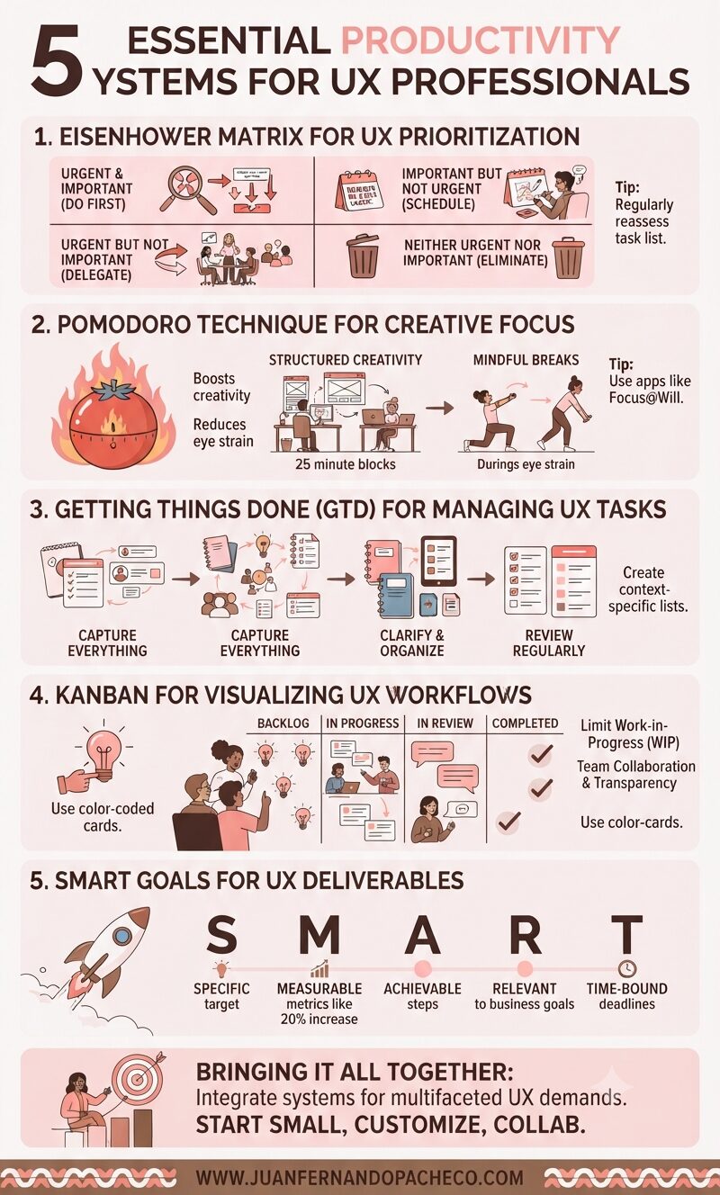 An infographic titled "5 Essential Productivity Systems for UX Professionals" detailing five methods: 1. Eisenhower Matrix (Urgent/Important quadrants), 2. Pomodoro Technique (25-minute creative focus with breaks), 3. Getting Things Done or GTD (Capture, Clarify, Organize, Review), 4. Kanban (Visualizing workflows in columns), and 5. SMART Goals (Specific, Measurable, Achievable, Relevant, Time-bound). Illustrations show UX designers applying these methods. The footer includes the URL www.juanfernandopacheco.com.