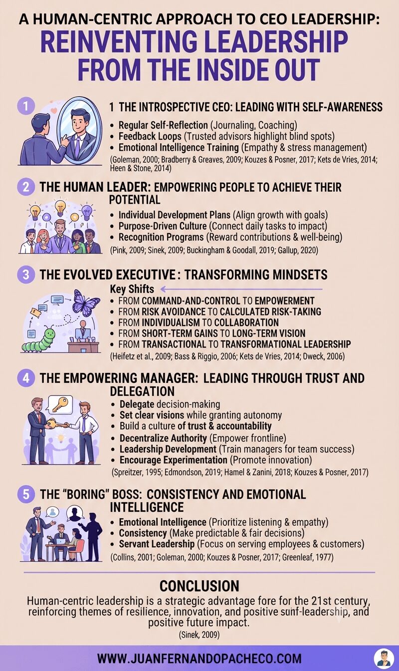 An infographic titled "A Human-Centric Approach to CEO Leadership: Reinventing Leadership from the Inside Out" detailing five leadership archetypes—Introspective CEO, Human Leader, Evolved Executive, Empowering Manager, and "Boring" Boss—with illustrations and bullet points listing key strategies and cited authors for each, all against a light peach background with purple and lavender accents.