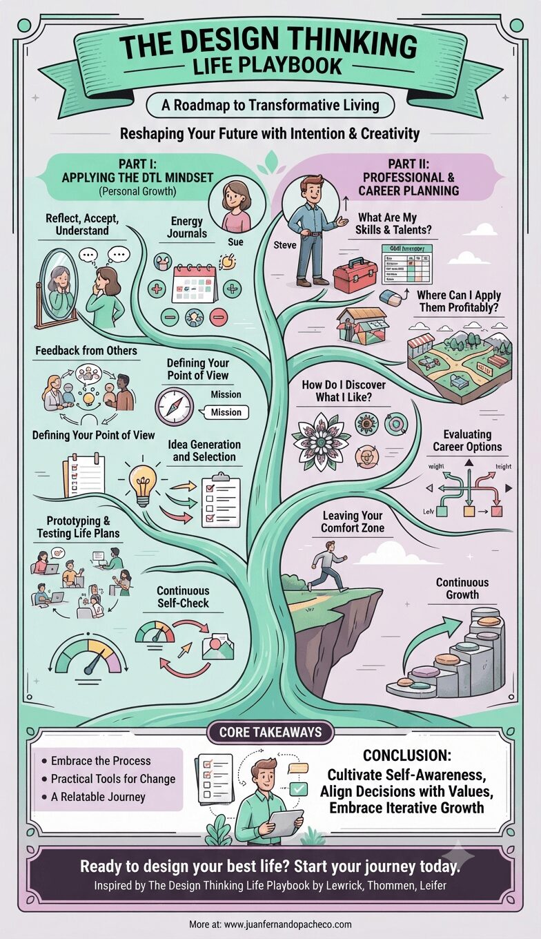 An infographic titled "The Design Thinking Life Playbook" presented as a branching tree diagram. The left side, "Applying the DTL Mindset," shows a character named Sue using methods like energy journals and prototyping life plans. The right side, "Professional and Career Planning," shows a character named Steve evaluating options and seeking growth. The base lists "Core Takeaways" and the URL www.juanfernandopacheco.com.