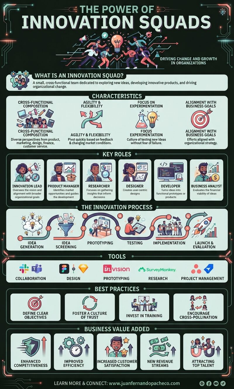 An infographic titled "The Power of Innovation Squads: Driving Change and Growth in Organizations" summarizing team roles, processes, and tools against a dark background.