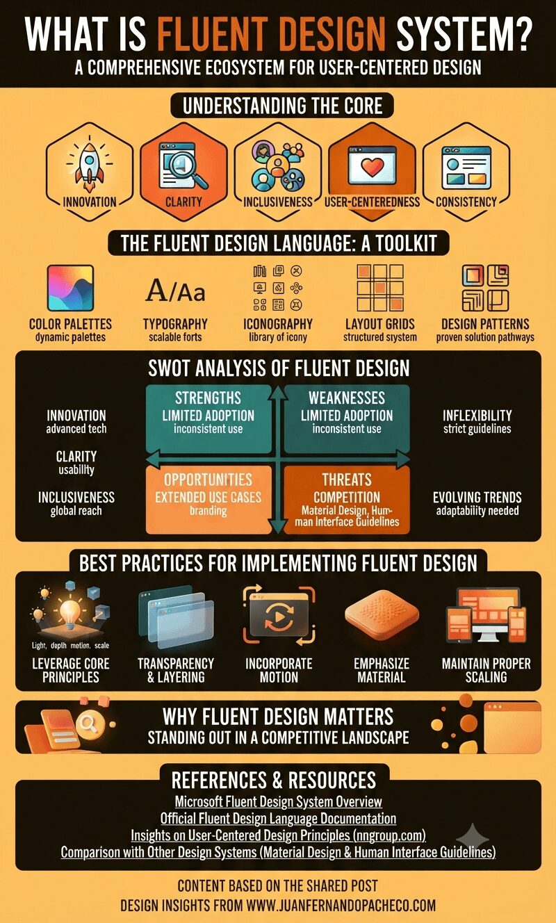 An infographic titled "What Is Fluent Design System?" featuring sections on its core principles, design toolkit, SWOT analysis, and best practices, all using a warm, orange-to-brown color palette.