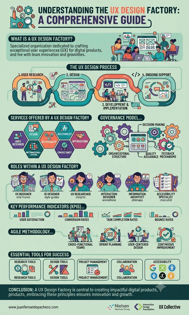 An infographic titled "Understanding the UX Design Factory: A Comprehensive Guide," set against a light green background. The image details various aspects of a UX design factory, including the process (User Research, Design, Development & Implementation, Ongoing Support), services, governance model, roles, KPIs, Agile methodology, and essential tools.
