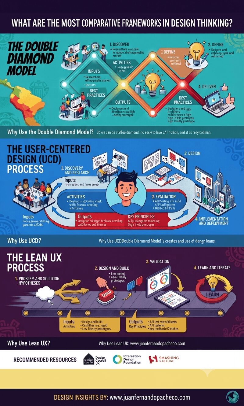 A comprehensive infographic comparing three design thinking frameworks: the Double Diamond Model, the User-Centered Design (UCD) Process, and the Lean UX Process. It details the stages, inputs, activities, outputs, and key principles for each, including illustrations of people, a map of Latin America, and a conveyor belt system for Lean UX.