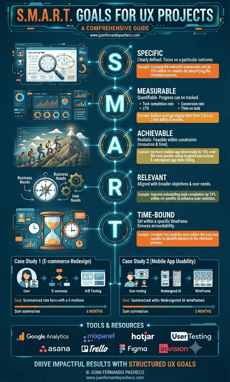 A comprehensive vertical infographic titled "S.M.A.R.T. Goals for UX Projects" on a dark teal background. It breaks down each S.M.A.R.T. component (Specific, Measurable, Achievable, Relevant, Time-bound) with definitions, icons, and real-world examples. The infographic also includes two UX case studies (E-commerce Redesign and Mobile App Usability), a list of "Tools & Resources," and branding for "juanfernandopacheco.com".