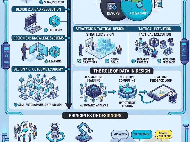 A comprehensive vertical infographic titled "Design Ops in Industry 4.0: Driving Design Transformation at Scale," with a new color palette of light blues, purples, teals, and yellow accents against a #edf5fc background. The infographic is structured in clear, stacked sections: "The Evolution of Design" (1.0 to 4.0), a central "What is DesignOps?" Venn diagram, "Strategic & Tactical Design," "The Role of Data in Design," "Principles of DesignOps" (User-Centric, Agility, Automation, Operational Efficiency, Outcome Focus, Speed), "Building a DesignOps Culture," and "Embracing DesignOps: A Critical Enabler for Industry 4.0." Small illustrations, icons, and connecting lines guide the eye. The bottom includes a reference to www.juanfernandopacheco.com.