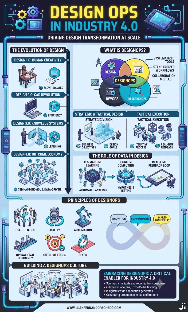 A comprehensive vertical infographic titled "Design Ops in Industry 4.0: Driving Design Transformation at Scale," with a new color palette of light blues, purples, teals, and yellow accents against a #edf5fc background. The infographic is structured in clear, stacked sections: "The Evolution of Design" (1.0 to 4.0), a central "What is DesignOps?" Venn diagram, "Strategic & Tactical Design," "The Role of Data in Design," "Principles of DesignOps" (User-Centric, Agility, Automation, Operational Efficiency, Outcome Focus, Speed), "Building a DesignOps Culture," and "Embracing DesignOps: A Critical Enabler for Industry 4.0." Small illustrations, icons, and connecting lines guide the eye. The bottom includes a reference to www.juanfernandopacheco.com.