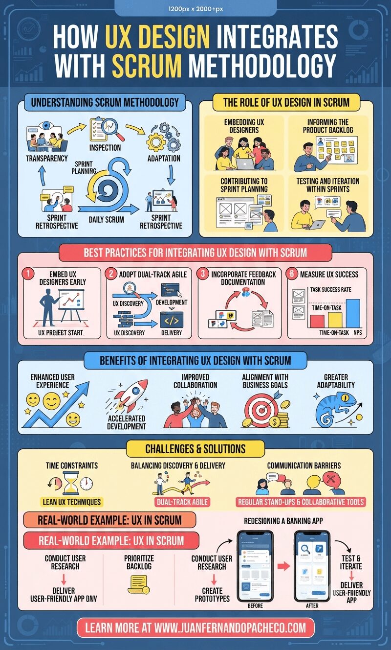An infographic titled "How UX Design Integrates with Scrum Methodology," utilizing a color palette of blues, yellows, and reds on a dark blue background. The image is a comprehensive guide divided into sections: Understanding Scrum Methodology, The Role of UX Design in Scrum, Best Practices (including "Dual-Track Agile"), Benefits (Enhanced User Experience, Accelerated Development), Challenges & Solutions (Lean UX), a Real-World Example (Redesigning a Banking App), and a call-to-action URL.