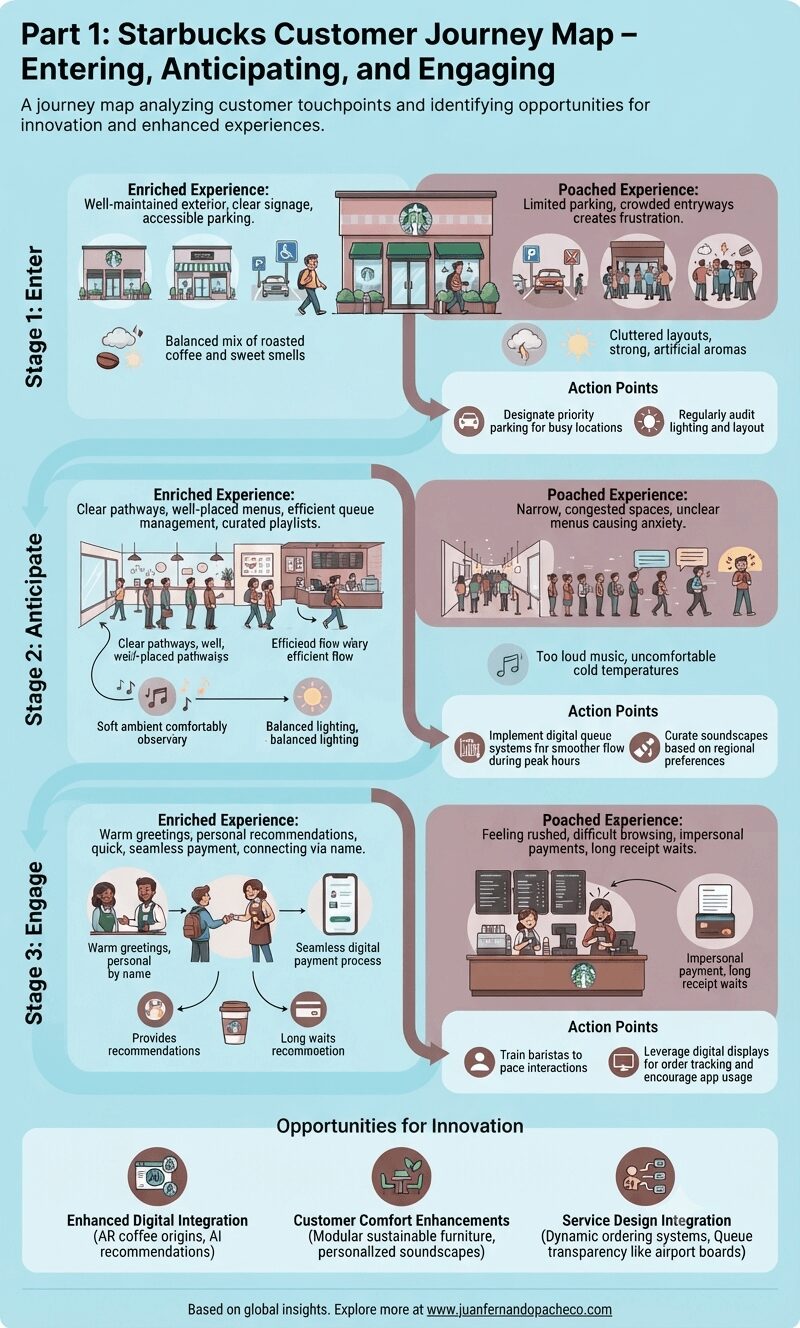 Infographic titled "Part 1: Starbucks Customer Journey Map – Entering, Anticipating, and Engaging," presented in a vertical format with a light blue background. The map is divided into three horizontal stages: "Stage 1: Enter," "Stage 2: Anticipate," and "Stage 3: Engage," each split into "Enriched Experience" and "Poached Experience" columns with illustrative scenes and icons. Text details touchpoints, observations, and action points for each stage, concluding with a section on "Opportunities for Innovation." The bottom includes references to juanfernandopacheco.com.