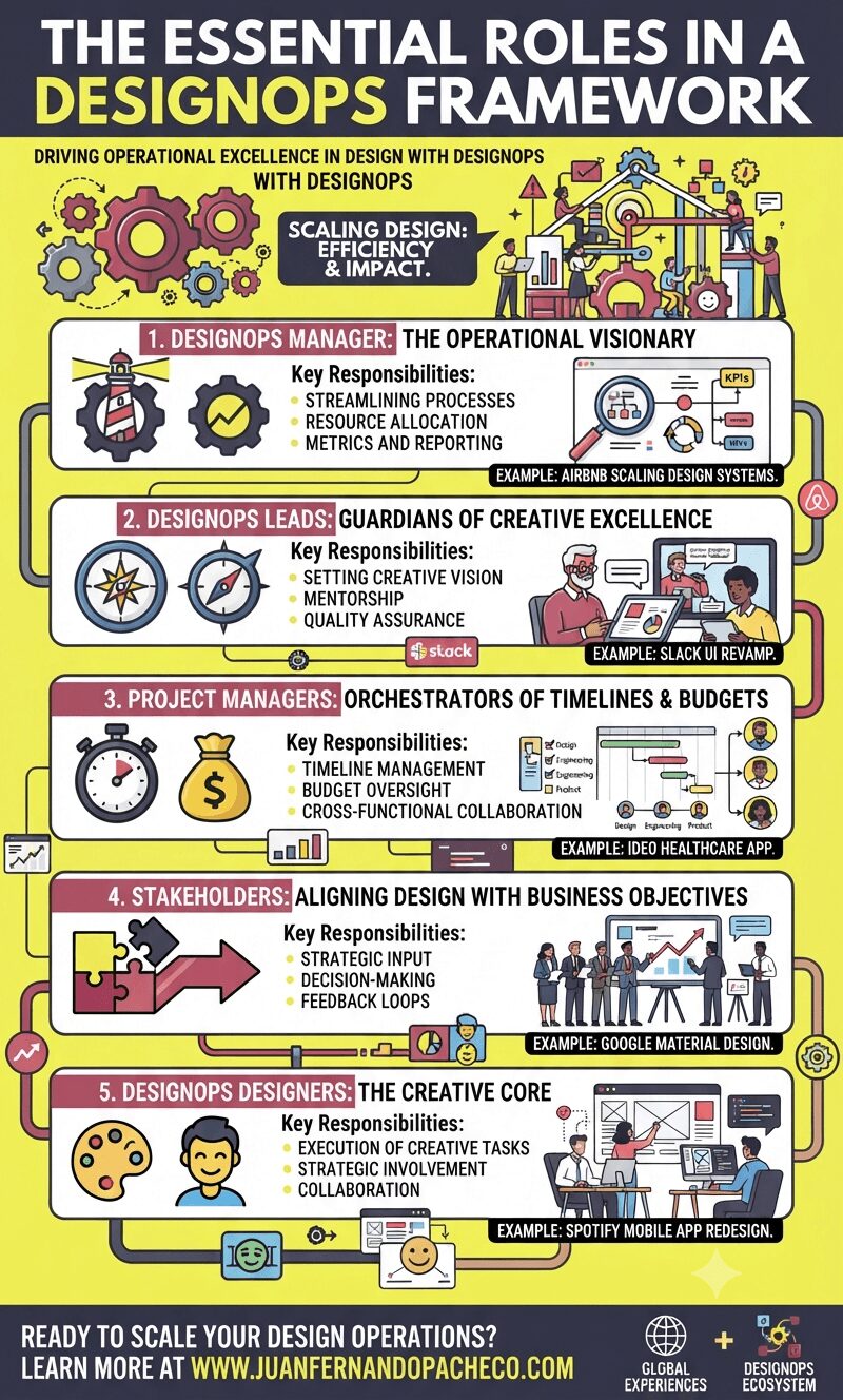 A vertical infographic titled "The Essential Roles in a DesignOps Framework" on a bright yellow background, detailing five key roles. From top to bottom: 1. DesignOps Manager (Lighthouse icon), responsible for processes, resources, metrics (with an Airbnb example). 2. DesignOps Leads (Compass icon), focused on vision, mentorship, quality assurance (with a Slack example). 3. Project Managers (Stopwatch icon), managing timelines, budgets, and collaboration (with an IDEO example). 4. Stakeholders (Puzzle piece icon), aligning design with business objectives (with a Google example). 5. DesignOps Designers (Palette icon), the creative core executing tasks and collaborating (with a Spotify example). The bottom features a call to action for www.juanfernandopacheco.com.