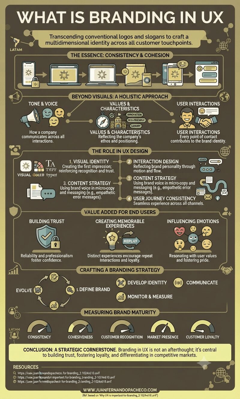 An expansive, dark-teal infographic titled "WHAT IS BRANDING IN UX" with a creative, illustrative layout. The design uses a color palette of olive, gold, and light yellow, featuring a central path and interconnected sections. Key areas include "THE ESSENCE: CONSISTENCY & COHESION" (with icons of devices and packaging), "BEYOND VISUALS: A HOLISTIC APPROACH" (tone, values, interactions), "THE ROLE IN UX DESIGN" (visuals, interaction, content, journey), "VALUE ADDED FOR END USERS" (trust, experiences, emotions), "CRAFTING A BRANDING STRATEGY" (a five-step circular flow), and "MEASURING BRAND MATURITY" (a series of gauges). The infographic includes the LATAM geo identifier, illustrative icons, and website reference: WWW.JUANFERNANDOPACHECO.COM.