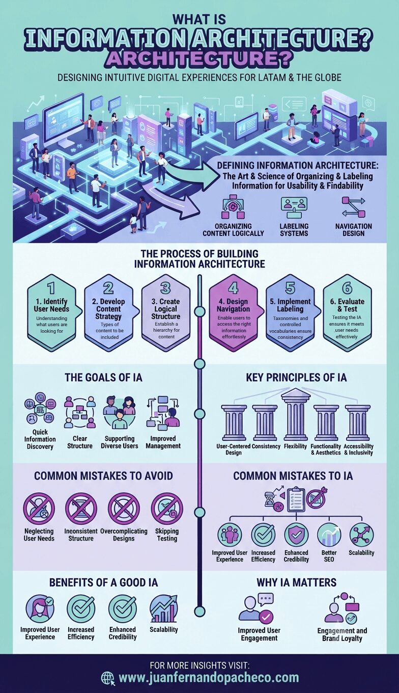 An infographic titled "What is Information Architecture?" with illustrations of a digital cityscape and pathways. It details the definition, process, goals, principles, common mistakes, benefits, and importance of Information Architecture, ending with the URL www.juanfernandopacheco.com