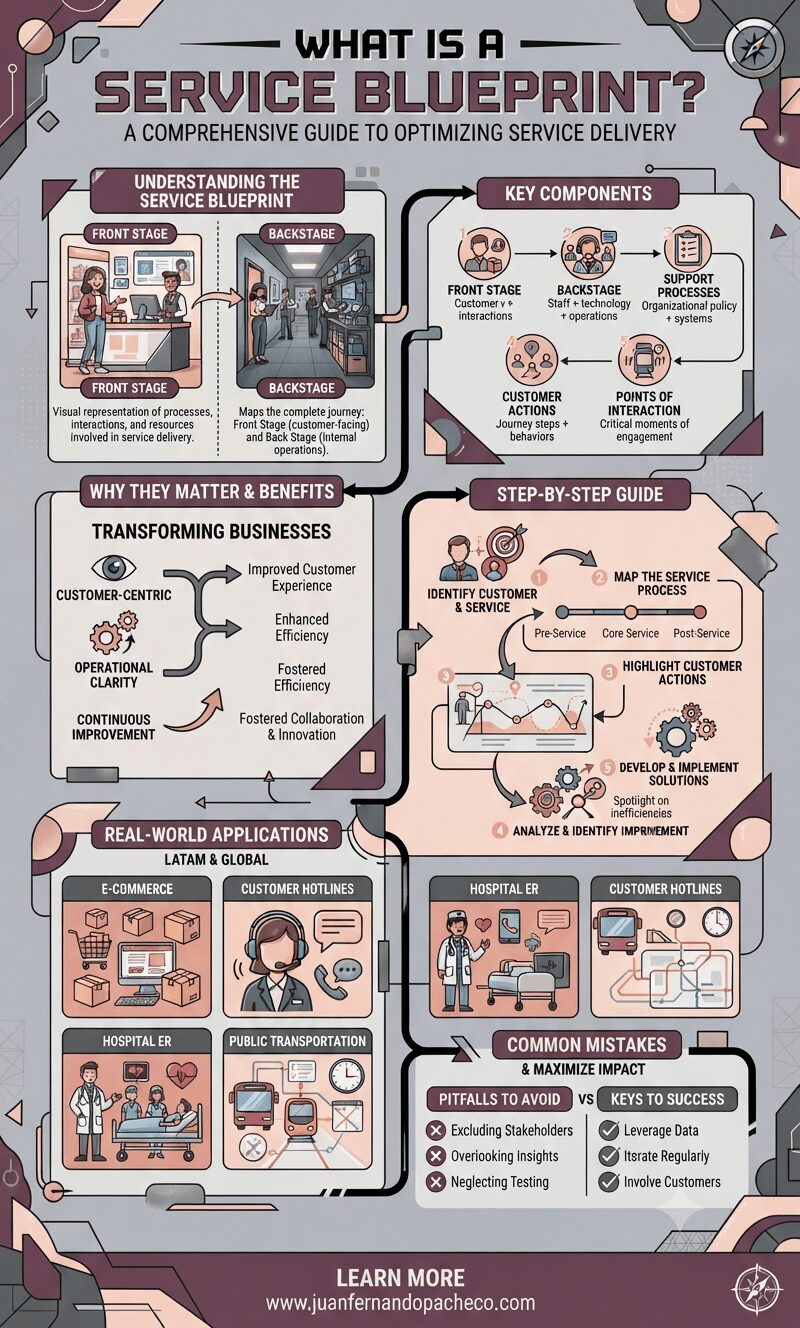 An illustrated infographic titled "What is a Service Blueprint? A Comprehensive Guide to Optimizing Service Delivery," featuring segmented sections on understanding, components, benefits, step-by-step creation, real-world applications in LATAM and global contexts, and common mistakes to avoid.
