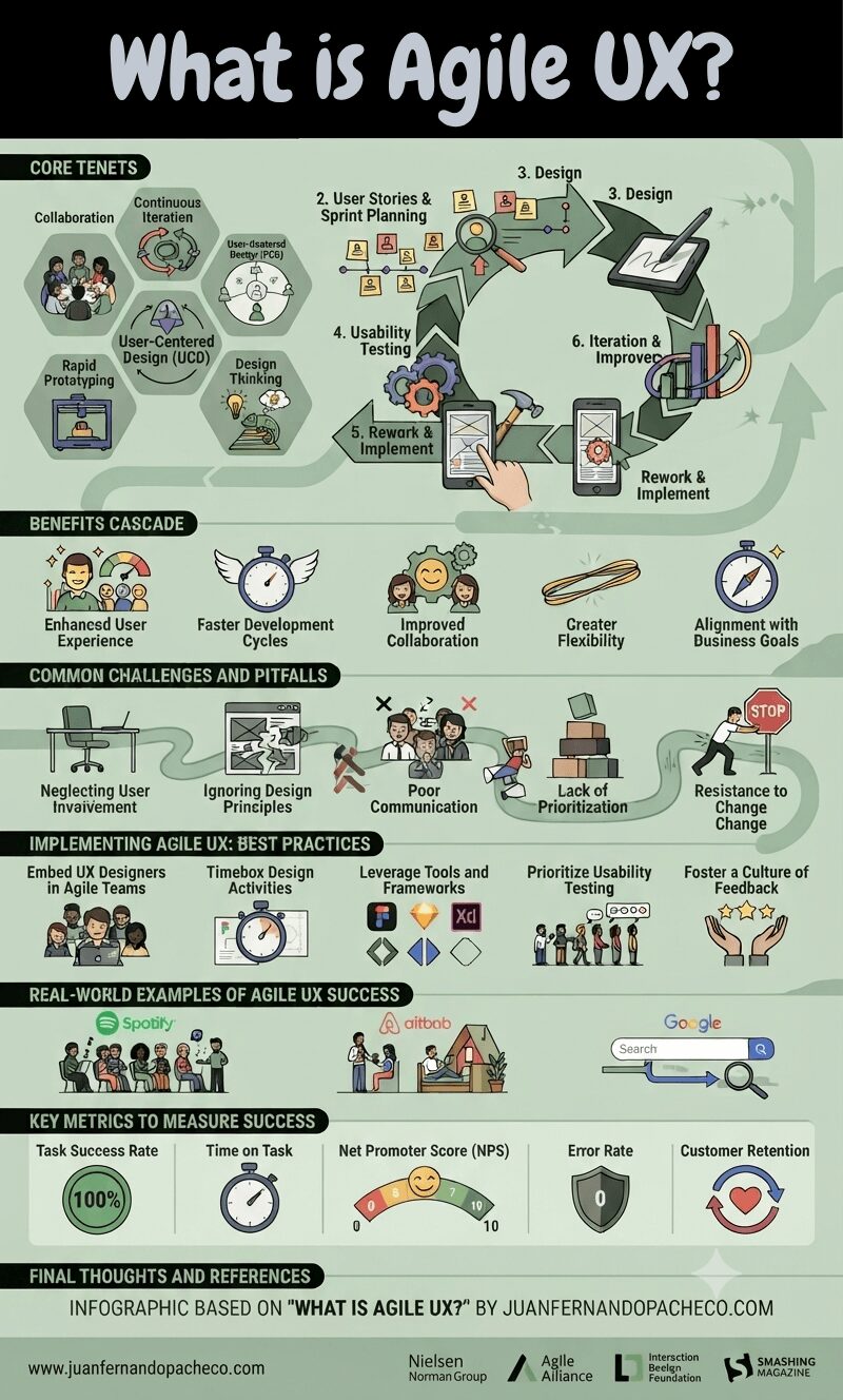 A detailed infographic titled "WHAT IS AGILE UX?" presented as a structured guide on a light green background. It covers six main sections: "CORE TENETS" (Collaboration, Continuous Iteration, User-Centered Design, Rapid Prototyping, Design Thinking, Design), the "AGILE UX PROCESS" (a 6-step circular flow from Planning to Iteration), "BENEFITS CASCADE" (User Experience, Development Cycles, Collaboration, Flexibility, Business Goals), "COMMON CHALLENGES AND PITFALLS" (Neglecting User Involvement, Ignoring Principles, Poor Communication, Lack of Prioritization, Resistance to Change), "IMPLEMENTING AGILE UX: BEST PRACTICES" (Embed Designers, Timebox Activities, Leverage Tools, Prioritize Testing, Foster Feedback), "REAL-WORLD EXAMPLES" (Spotify, Airbnb, Google), "KEY METRICS TO MEASURE SUCCESS" (Success Rate, Time on Task, NPS, Error Rate, Retention), and "FINAL THOUGHTS AND REFERENCES."