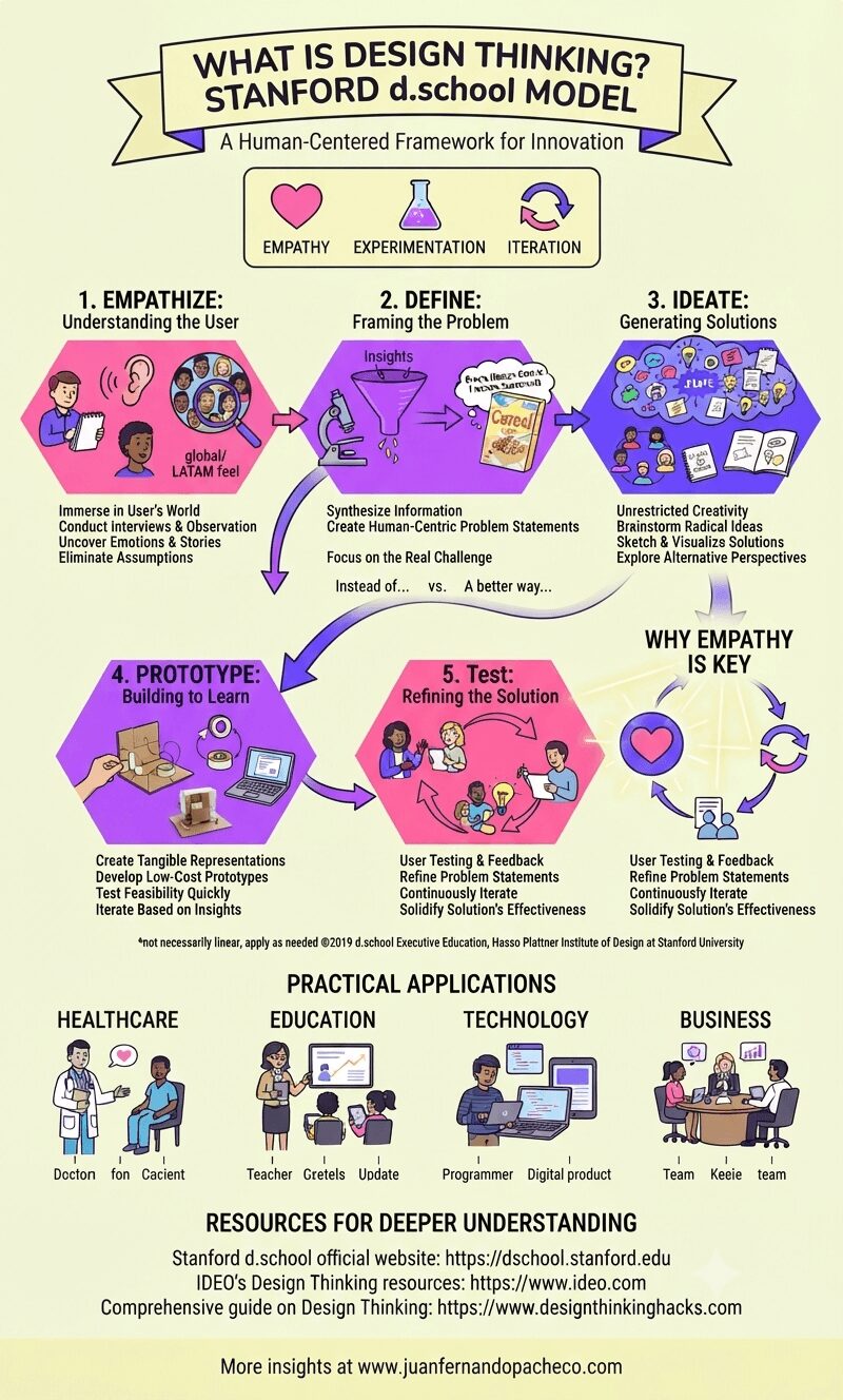 Infographic illustrating the five stages of the Stanford d.school Design Thinking model: Empathize, Define, Ideate, Prototype, and Test, presented as an interconnected, non-linear process with examples and applications for a global and LATAM context.