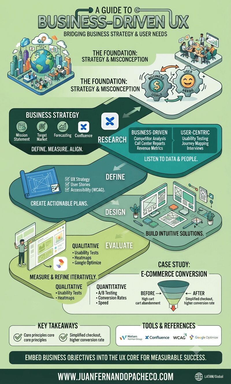 An isometric infographic titled "A Guide to Business-Driven UX: Bridging Business Strategy & User Needs," set against a light green background derived from #bbdb9b. It follows a winding, layered path illustrating a five-stage process: Business Strategy, Research (split into Business-Driven and User-Centric), Define (actionable plans), Design (wireframes and prototypes), and Evaluate (qualitative and quantitative methods). It includes a case study on e-commerce conversion, key takeaways, and tools like Atlassian Confluence and Google Optimize. The bottom features a banner with the URL www.juanfernandopacheco.com.