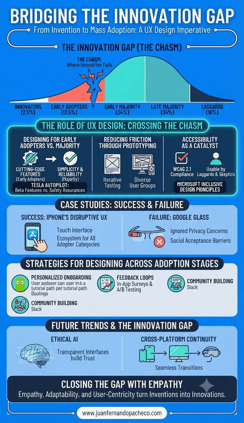 An infographic titled "Bridging the Innovation Gap: From Invention to Mass Adoption" with a central bell curve graph showing adopter categories and a "Chasm" between Early Adopters and Early Majority. Below, sections detail "The Role of UX Design," "Case Studies: Success & Failure" (iPhone vs. Google Glass), "Strategies," "Future Trends," and "Conclusion." The design uses blue, navy, coral, and teal colors.