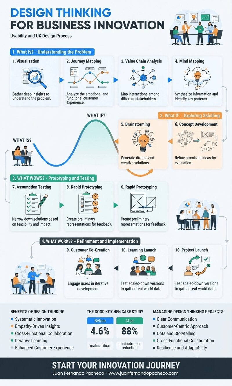 A comprehensive infographic flowchart illustrating the four-stage Design Thinking process—What Is, What If, What Wows, and What Works—including key methodologies like journey mapping, prototyping, and user co-creation for business innovation.