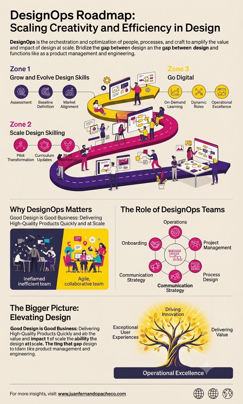 An infographic titled "DesignOps Roadmap: Scaling Creativity and Efficiency in Design" set against a light cream background (#f1e9da). The graphic features a winding, multi-colored path (Zone 1: Blue, Zone 2: Pink, Zone 3: Yellow) illustrating a journey from inefficient design workflows to scalable, high-performance operations. The roadmap is divided into three main sections: "Grow and Evolve Design Skills" (Assessment, Baseline Definition, Market Alignment), "Scale Design Skilling" (Pilot Transformation, Curriculum Updates, Pivot Workforce), and "Go Digital" (On-Demand Learning, Dynamic Roles, Operational Excellence), populated with icons, illustrations of designers, and workstations. Below the roadmap, there are three structured panels. The left panel, "Why DesignOps Matters," contrasts an "Inefiamed inefficient team" (dark, cluttered) with an "Agile, collaborative team" (bright, collaborative), including the text: "Good Design is Good Business: Delivering High-Quality Products Quickly and at Scale." The middle panel, "The Role of DesignOps Teams," is a circular diagram with a central gear icon surrounded by six interconnected nodes: Operations, Onboarding, Culture/Teambuilding, Project Management, Communication Strategy, and Process Design. The bottom panel, "The Bigger Picture: Elevating Design," features a glowing, stylized tree with branches labeled "Driving Innovation," "Exceptional User Experiences," and "Delivering Value," rooted in "Operational Excellence." The entire graphic uses a professional color palette of #2e294e (deep purple), #d90368 (magenta), #541388 (violet), #ffd400 (yellow), and #f1e9da (cream). The bottom footer includes the URL "www.juanfernandopacheco.com" and globe icons.
