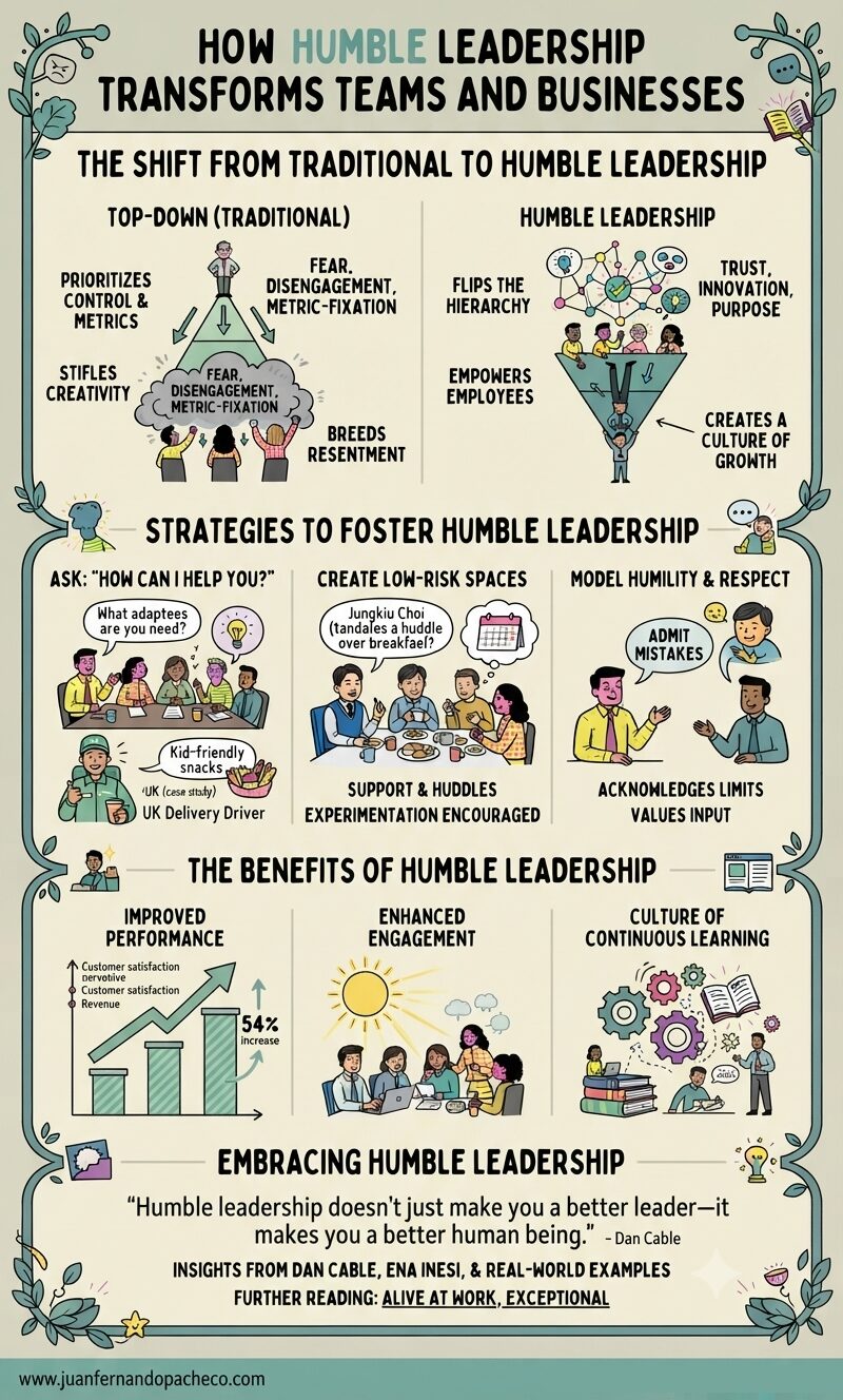A tall infographic detailing the shift from traditional top-down leadership to humble leadership. The image is divided into sections showing why top-down fails, strategies for humble leadership (Ask, Create, Model), its benefits (Performance, Engagement, Learning), and a concluding quote from Dan Cable. The design uses a new color palette with a light background and stylized illustrations of diverse business teams and leaders. The URL www.juanfernandopacheco.com is in the footer.