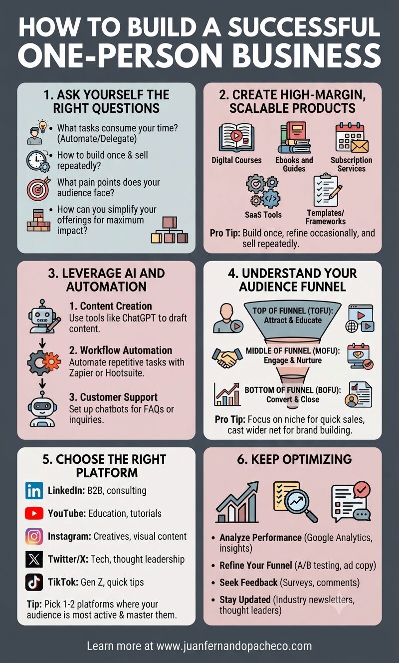 An infographic titled "How to Build a Successful One-Person Business," outlining six steps: asking the right questions, creating scalable products, leveraging AI, understanding the audience funnel, choosing platforms, and continuous optimization. Includes a URL for www.juanfernandopacheco.com at the bottom.