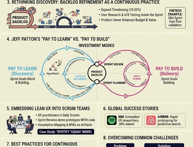 A detailed vertical infographic titled "Better Together: Agile + Lean UX: A Framework for Continuous Discovery & Delivery." The image is organized into nine numbered sections with illustrations, icons, and text, utilizing a color palette of cream, navy, pink, peach, and dark blue. It details how to integrate Lean UX principles like continuous discovery and "Pay to Learn" into Agile Scrum rituals, and includes case studies from Spotify, IBM, and Airbnb, as well as future trends like AI. The central diagram visually merges "Pay to Learn" and "Pay to Build" cycles.
