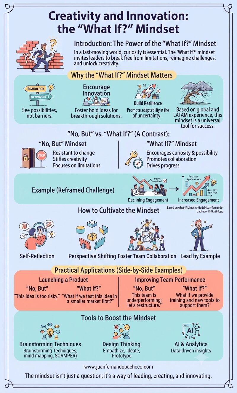 An infographic titled "Creativity and Innovation: the 'What If?' Mindset" presented in a clean, professional vertical layout. The image uses illustrations and text to explain the power of questioning, contrasting the limiting "No, but" mindset with the expansive "What if?" approach. It includes sections on why the mindset matters, practical examples of reframing challenges (e.g., declining engagement, product launches), actionable steps for cultivation (self-reflection, collaboration), and tools like Design Thinking and AI. The footer references www.juanfernandopacheco.com.